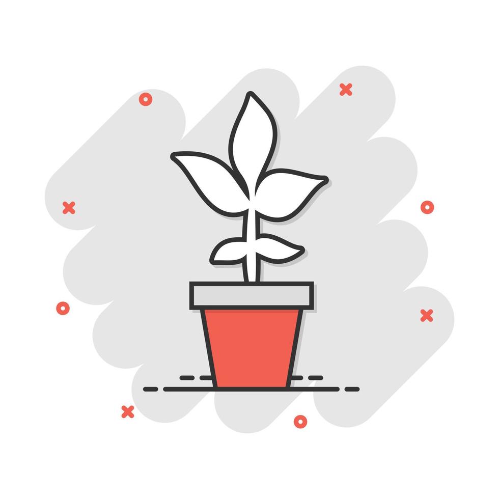 Vector cartoon flower pot icon in comic style. Seedling flower concept illustration pictogram. Floral leaf business splash effect concept.