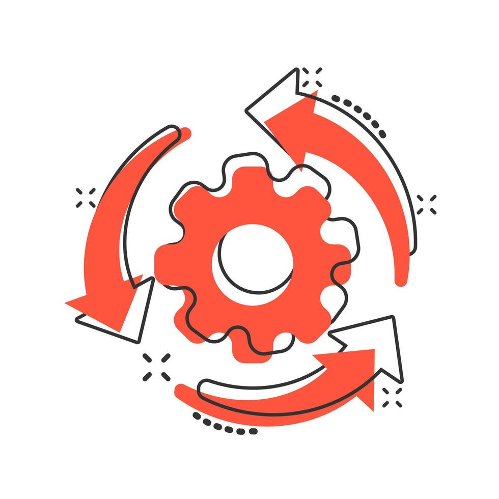 Workflow process icon in comic style. Gear cog wheel with arrows vector cartoon illustration pictogram. Workflow business concept splash effect.