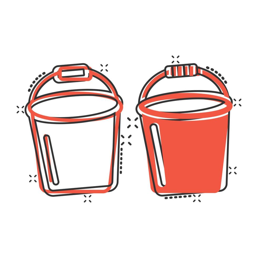 icono de cubo en estilo cómico. Ilustración de vector de dibujos animados de bote de basura sobre fondo blanco aislado. concepto de negocio de efecto de salpicadura de cubo.