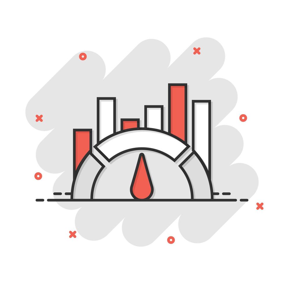 Benchmark measure icon in comic style. Dashboard rating vector cartoon illustration on white isolated background. Progress service business concept splash effect.