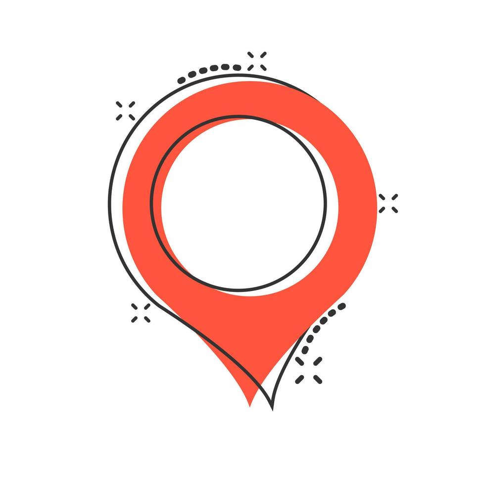 Pin map icon in comic style. Cartoon gps navigation vector illustration pictogram. Target destination business concept splash effect.