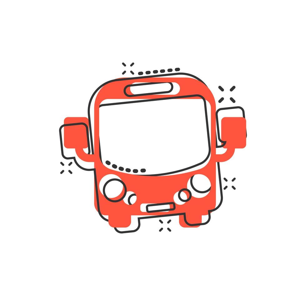 icono de autobús escolar en estilo cómico. ilustración de dibujos animados de vector de autobus sobre fondo blanco aislado. efecto de salpicadura del concepto de negocio de transporte de autocares.