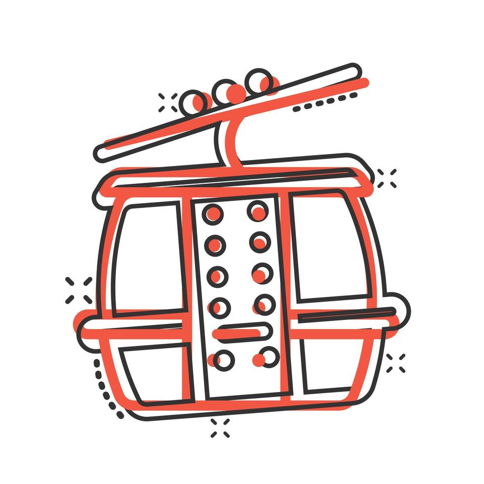 Cable car icon in comic style. Elevator cabin cartoon vector illustration on white isolated background. Cableway splash effect business concept.