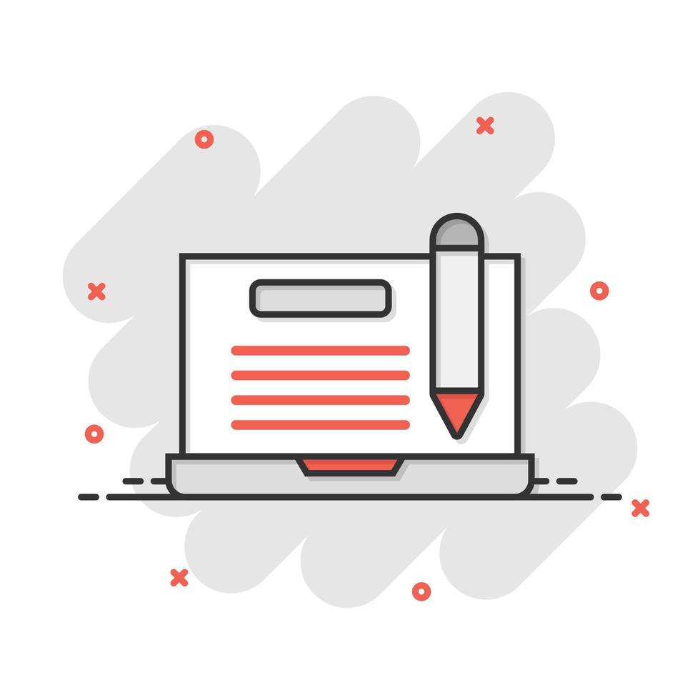 Blogging icon in comic style. Social media communication cartoon vector illustration on white isolated background. Content splash effect business concept.