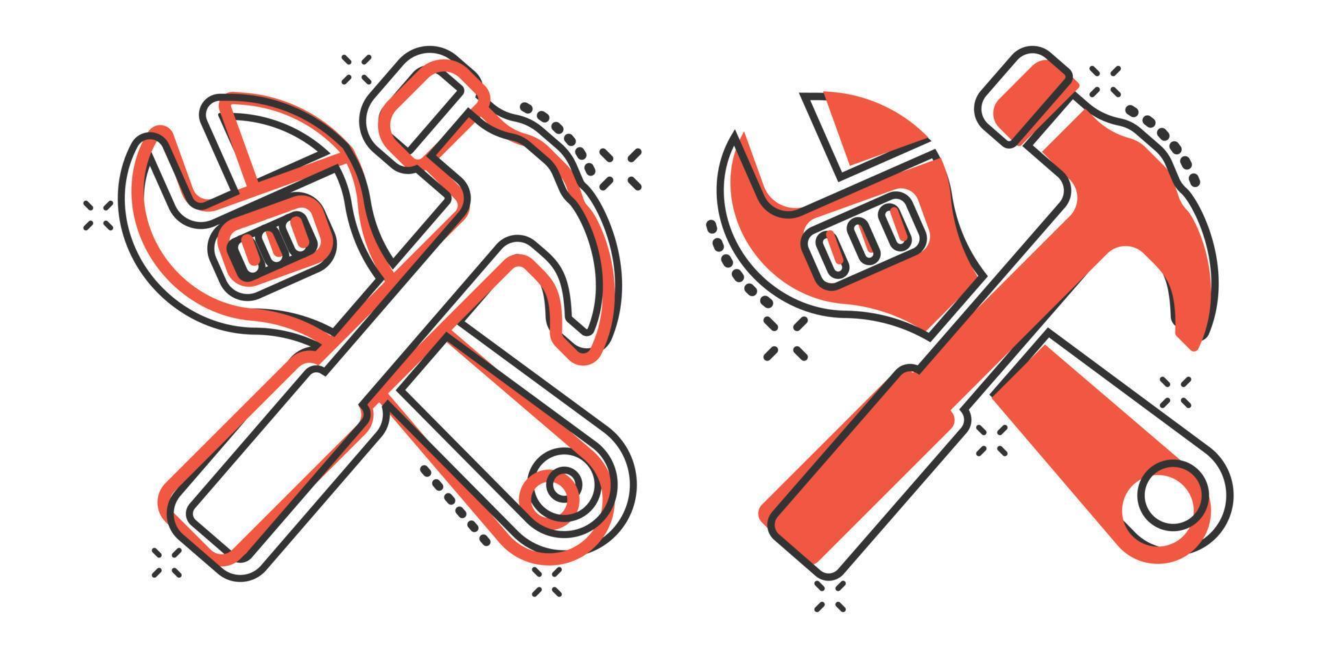 Wrench and screwdriver icon in comic style. Spanner key cartoon vector illustration on white isolated background. Repair equipment splash effect business concept.