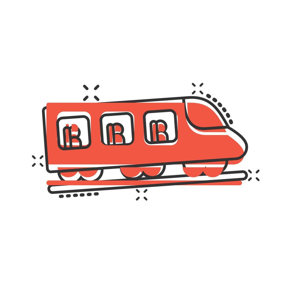 Metro icon in comic style. Train subway cartoon vector illustration on white isolated background. Railroad cargo splash effect business concept.