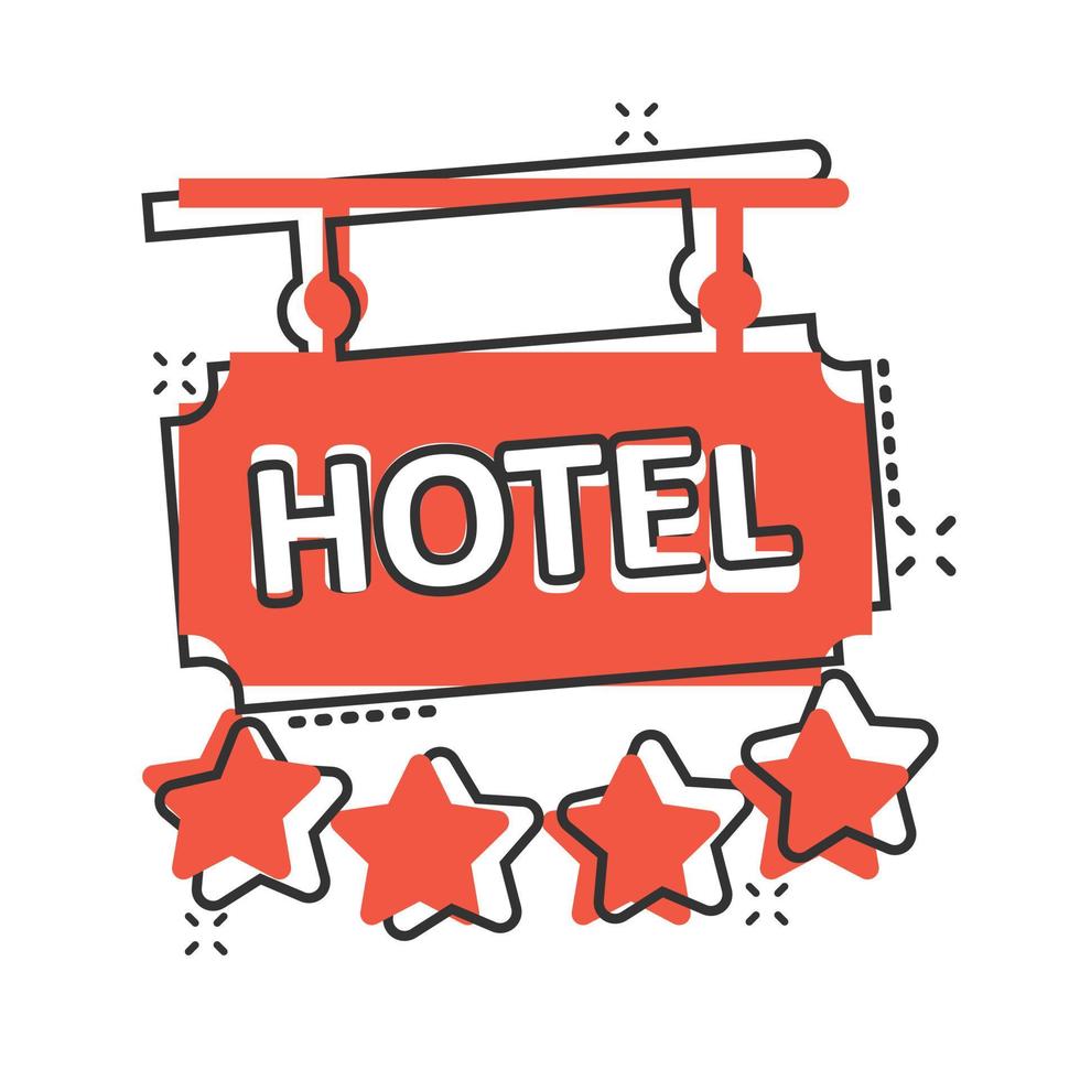 Hotel 4 stars sign icon in comic style. Inn cartoon vector illustration on white isolated background. Hostel room information splash effect business concept.