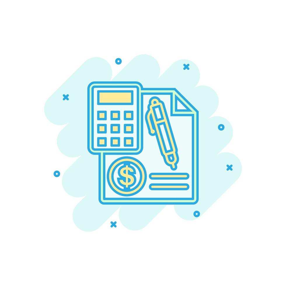 Money calculation icon in comic style. Budget banking vector cartoon illustration on white isolated background. Financial payment splash effect business concept.