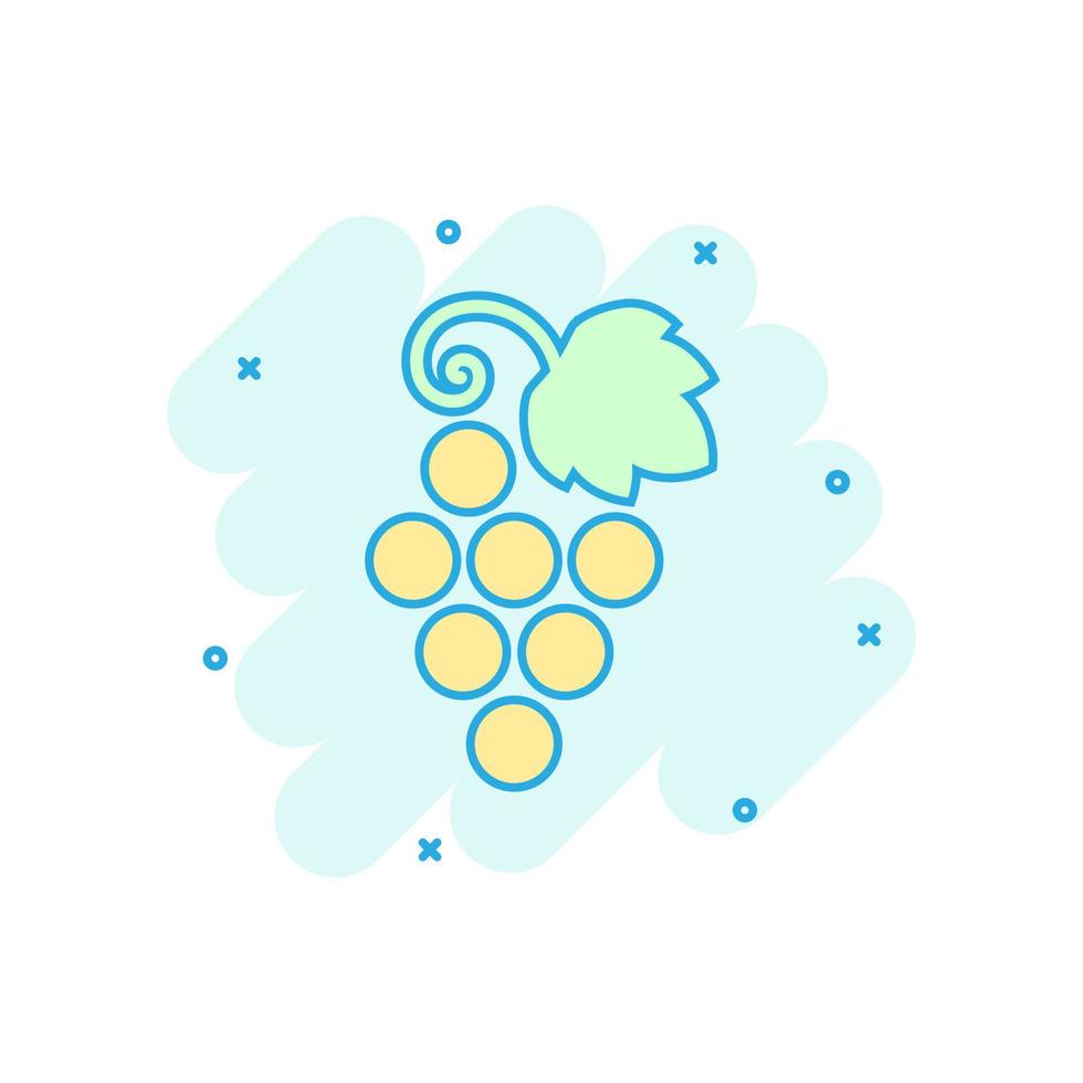 Grape fruits sign icon in comic style. Grapevine vector cartoon illustration on white isolated background. Wine grapes business concept splash effect.