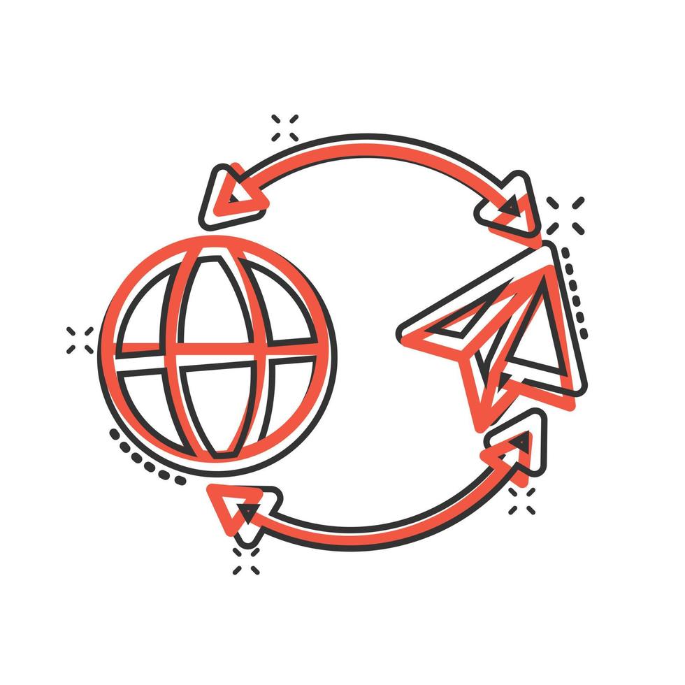 Global travel icon in comic style. Paper plane cartoon vector illustration on white isolated background. International transport splash effect business concept.