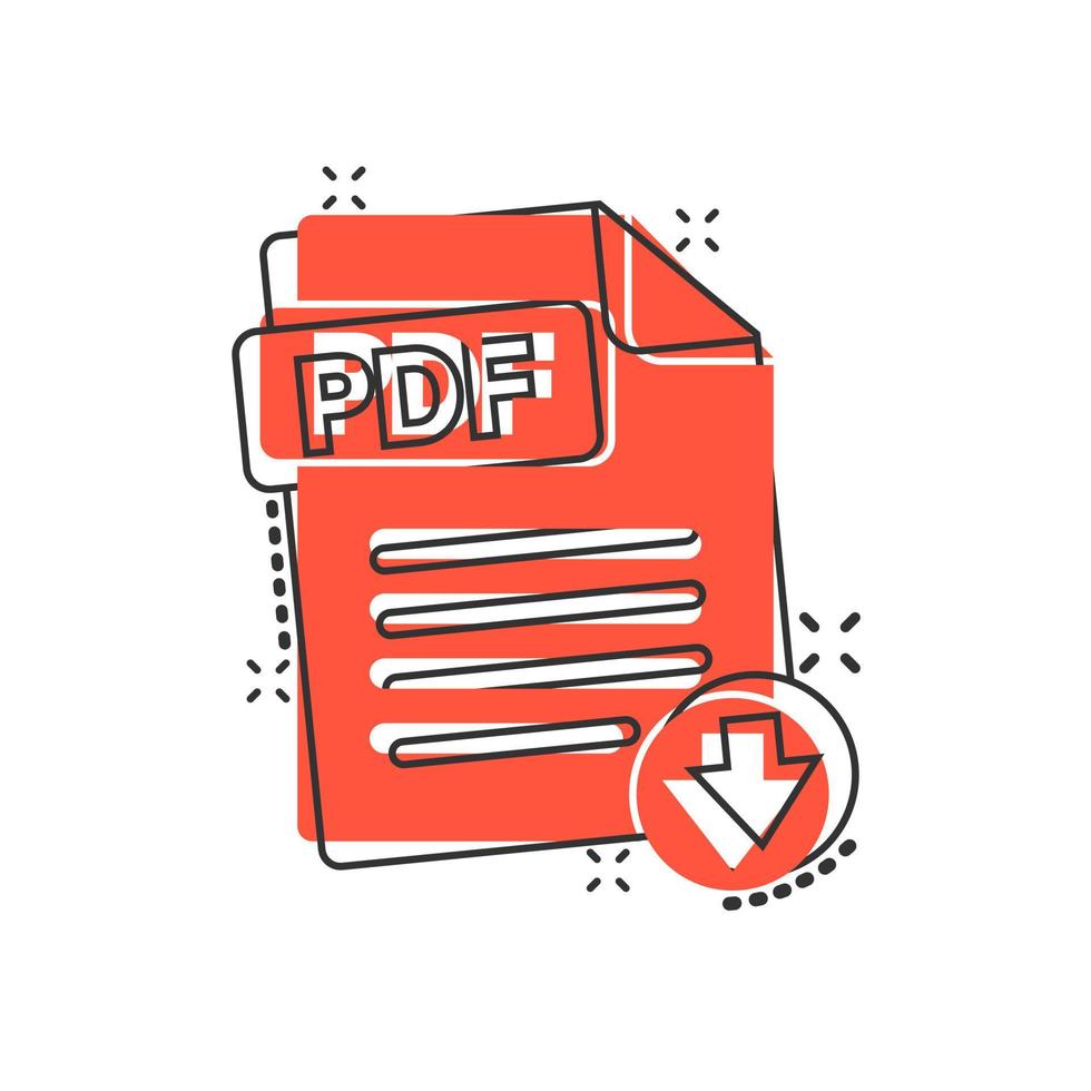 icono de pdf en estilo cómico. ilustración de dibujos animados de vector de texto de documento sobre fondo blanco aislado. concepto de negocio de efecto de salpicadura de archivo.