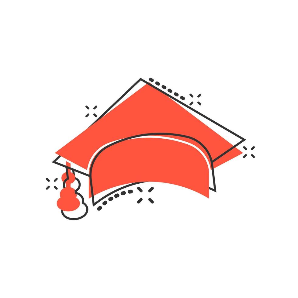 icono de gorra de graduación en estilo cómico. ilustración de dibujos animados de vector de sombrero de educación sobre fondo blanco aislado. efecto de salpicadura de concepto de negocio de licenciatura universitaria.