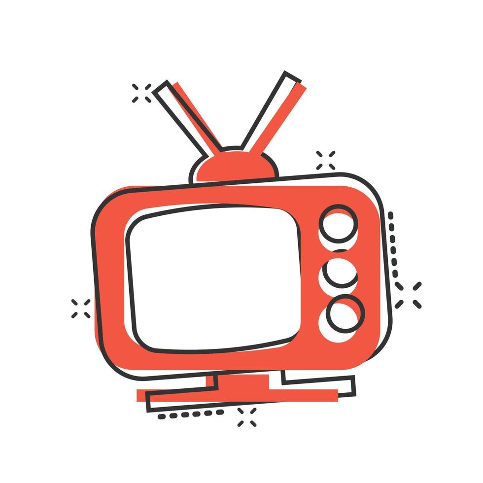 icono de tv en estilo cómico. ilustración de vector de signo de dibujos animados de televisión sobre fondo blanco aislado. concepto de negocio de efecto de salpicadura de canal de video.