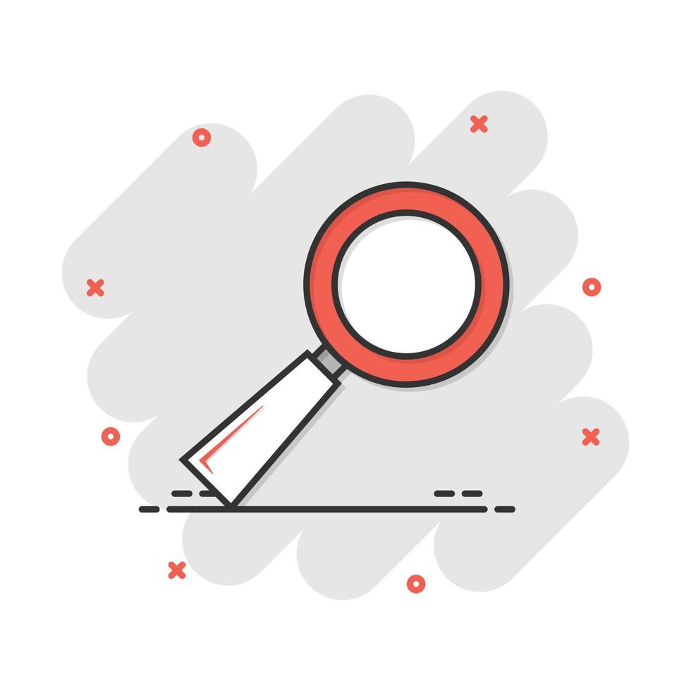 Vector cartoon loupe icon in comic style. Magnifier sign illustration pictogram. Search business splash effect concept.