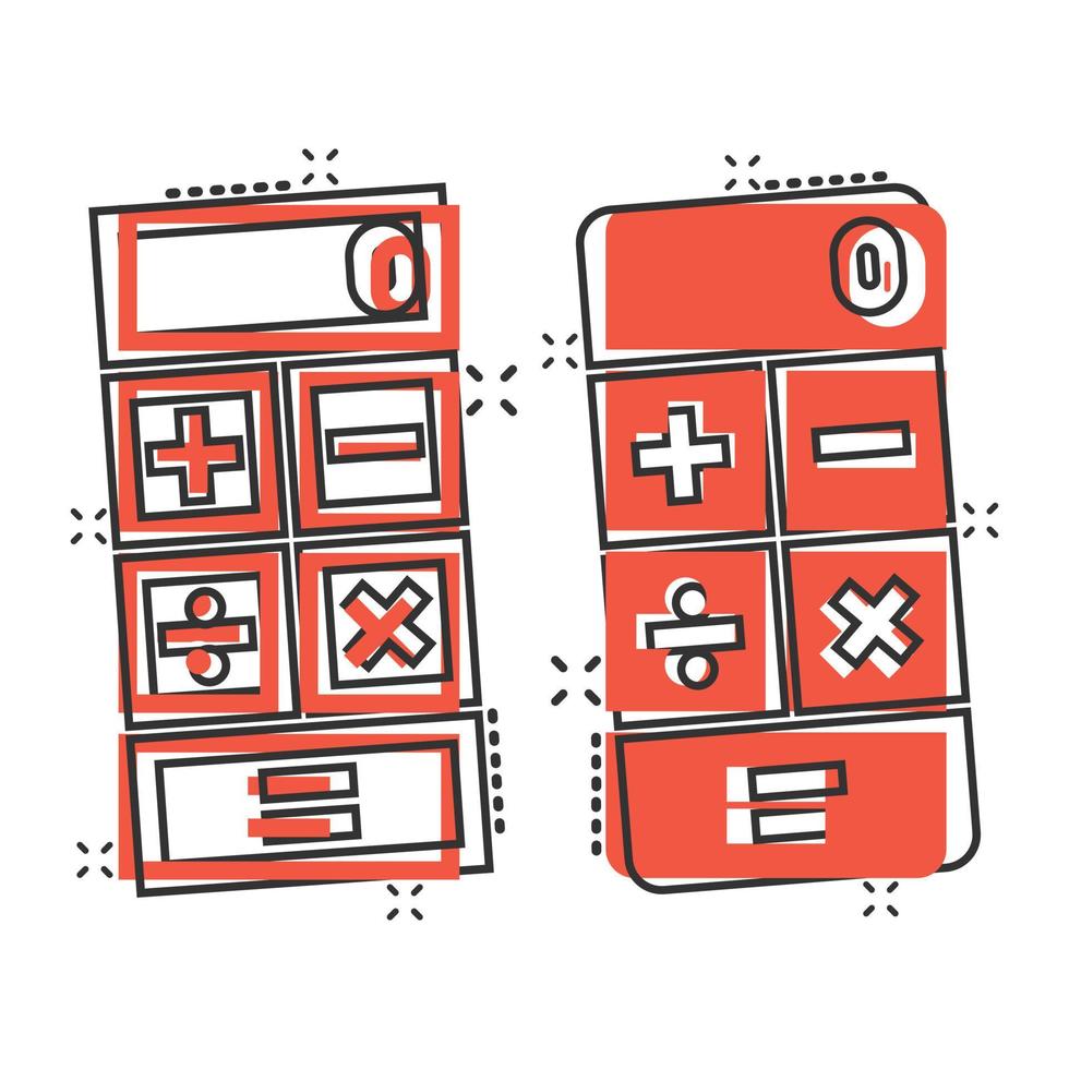 Calculator icon in comic style. Calculate cartoon vector illustration on white isolated background. Calculation splash effect business concept.