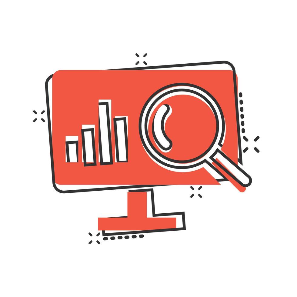 Website analytics icon in comic style. SEO data cartoon vector illustration on white isolated background. Computer diagram splash effect business concept.