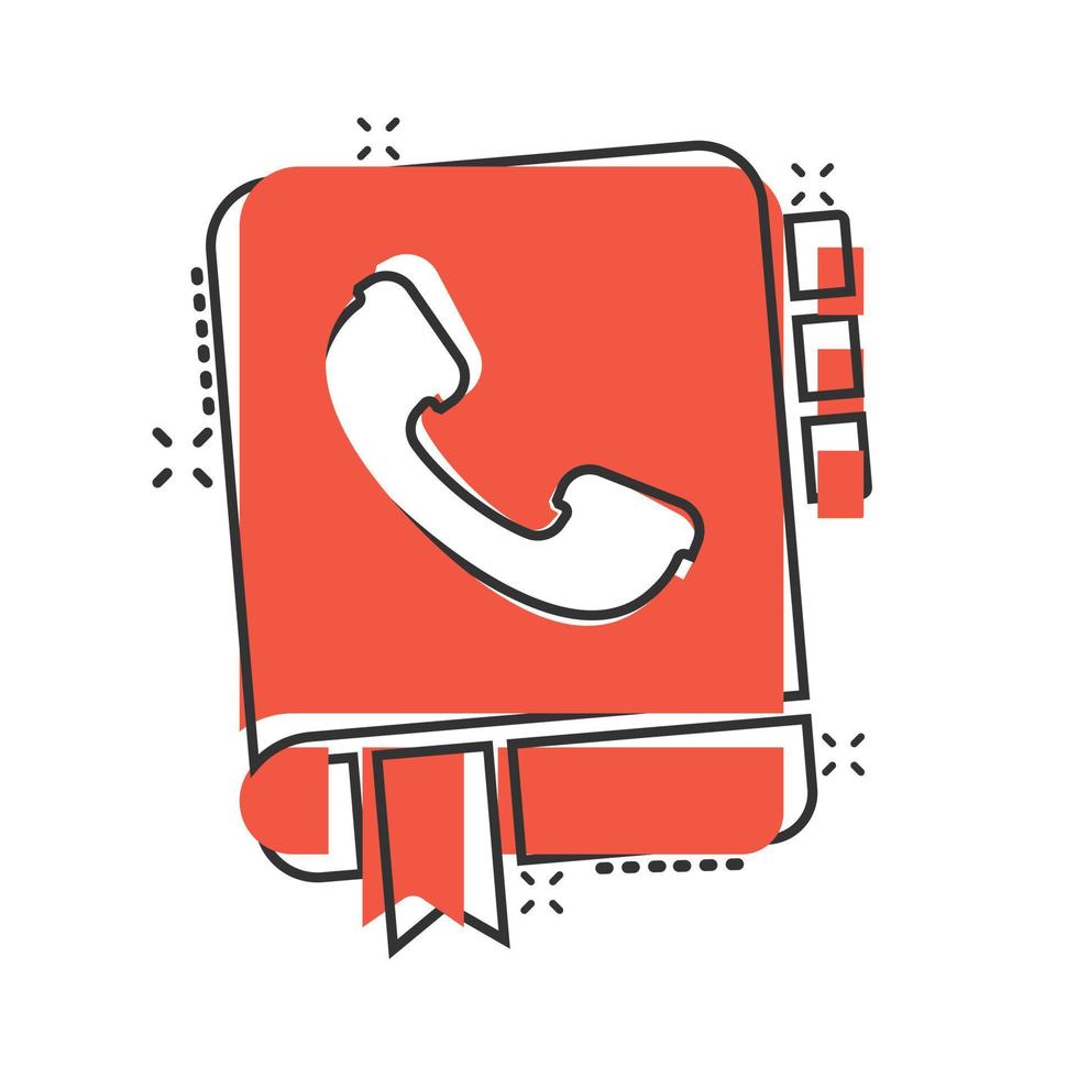 Address phone book icon in comic style. Telephone notebook cartoon vector illustration on white isolated background. Hotline contact splash effect business concept.