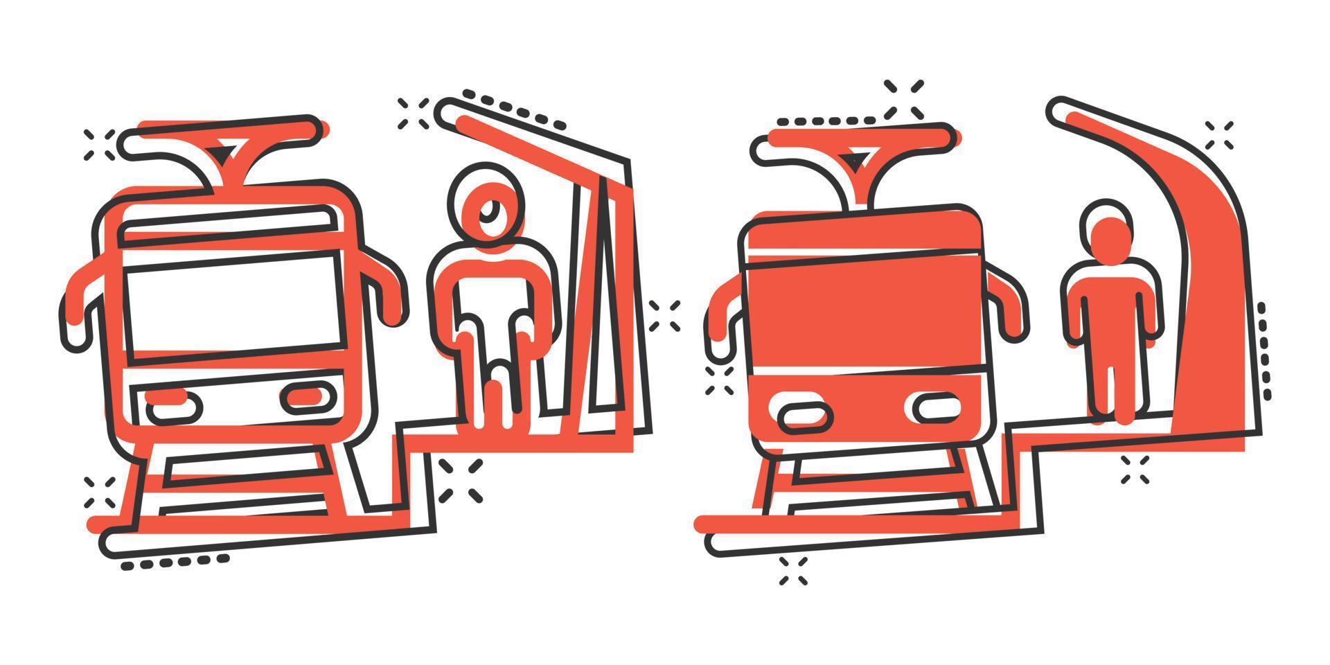 Metro station icon in comic style. Train subway cartoon vector illustration on white isolated background. Railroad cargo splash effect business concept.
