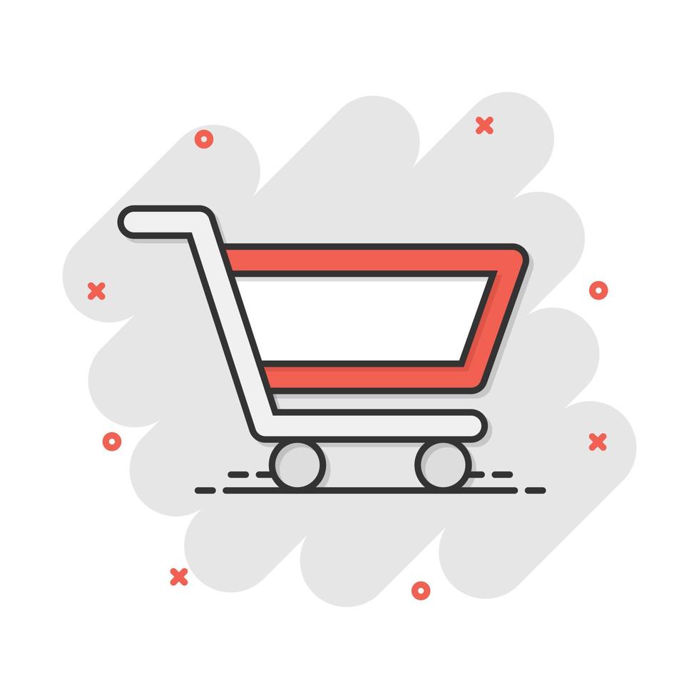 Vector cartoon shopping cart icon in comic style. Shop bag sign illustration pictogram. Mall business splash effect concept.