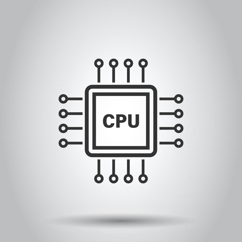 Computer cpu icon in flat style. Circuit board vector illustration on white isolated background. Motherboard chip business concept.