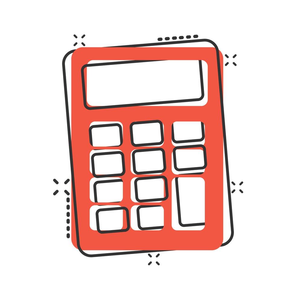 Calculator icon in comic style. Calculate cartoon vector illustration on white isolated background. Calculation splash effect business concept.