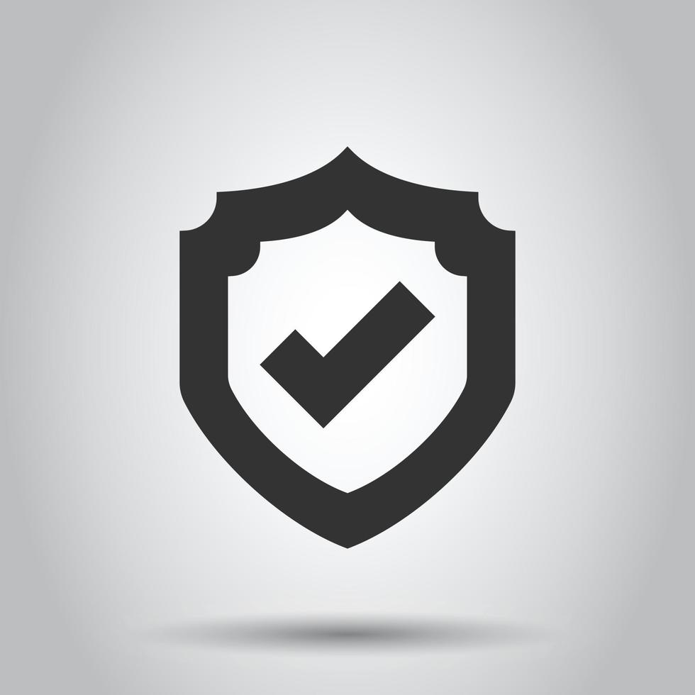 Shield with check mark icon in flat style. Protect vector illustration on white isolated background. Checkmark guard business concept.
