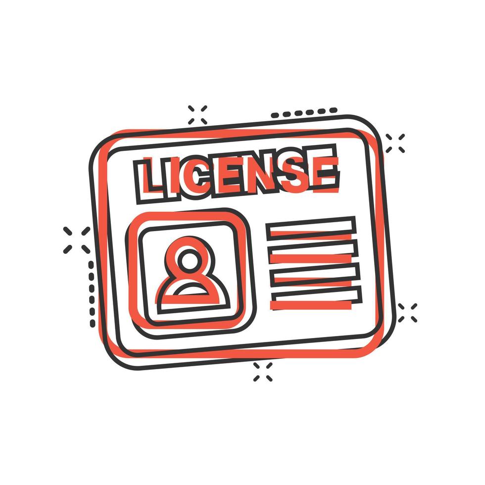 Driver license icon in comic style. Id card cartoon vector illustration on white isolated background. Identity splash effect business concept.