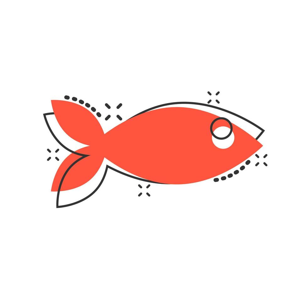 Fish sign icon in comic style. Goldfish vector cartoon illustration on white isolated background. Seafood business concept splash effect.