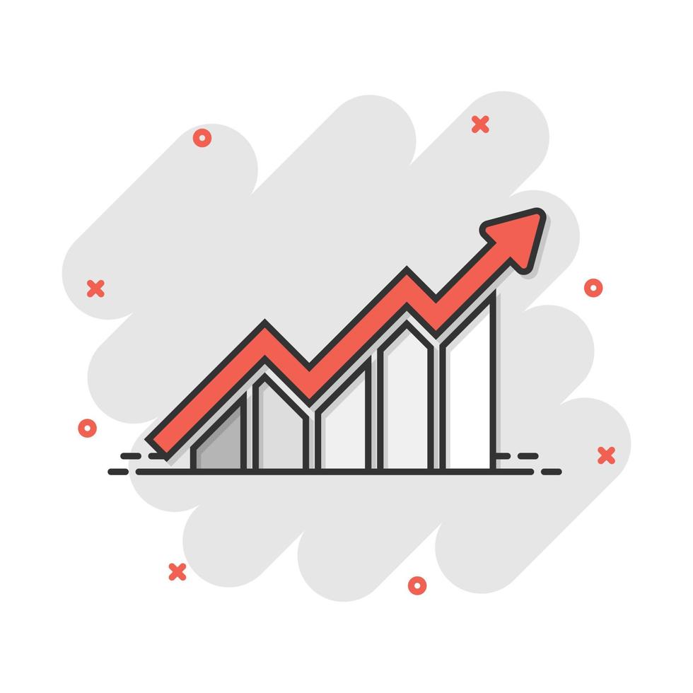 Growing bar graph icon in comic style. Increase arrow vector cartoon illustration pictogram. Infographic progress business concept splash effect.