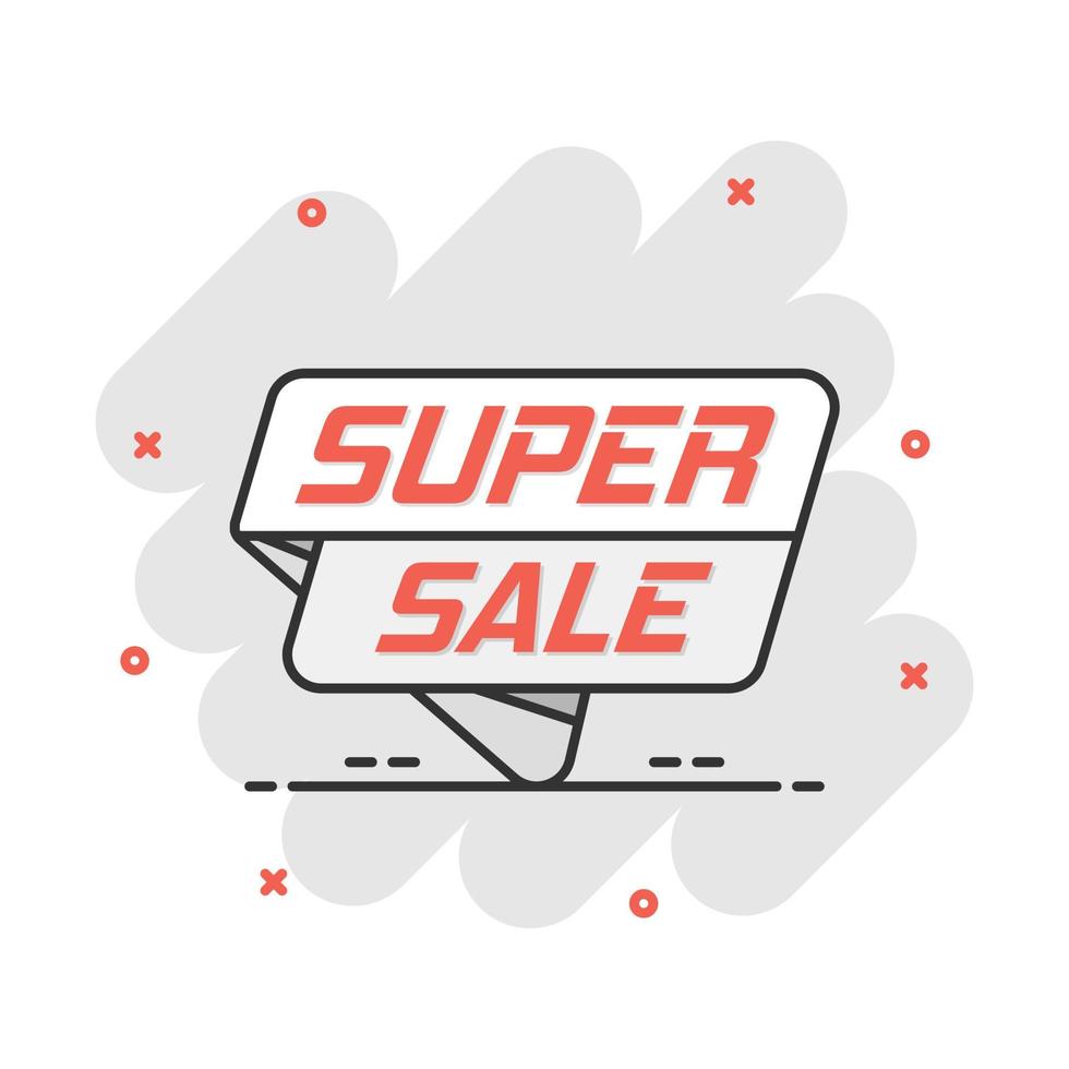 icono de banner de super venta de dibujos animados vectoriales en estilo cómico. pictograma de ilustración de compras de insignia. concepto de efecto de salpicadura de negocio de super venta. vector