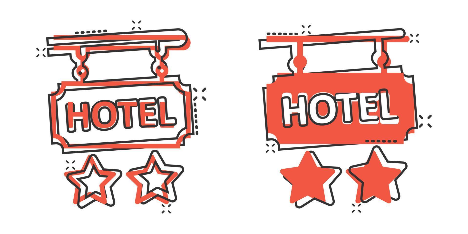 Hotel 2 stars sign icon in comic style. Inn cartoon vector illustration on white isolated background. Hostel room information splash effect business concept.