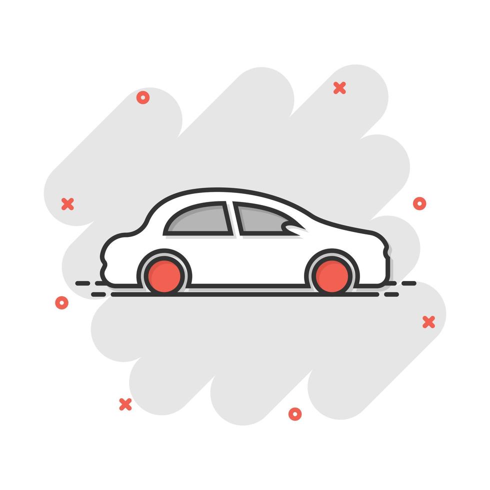Car icon in comic style. Automobile car vector cartoon illustration pictogram. Auto business concept splash effect.
