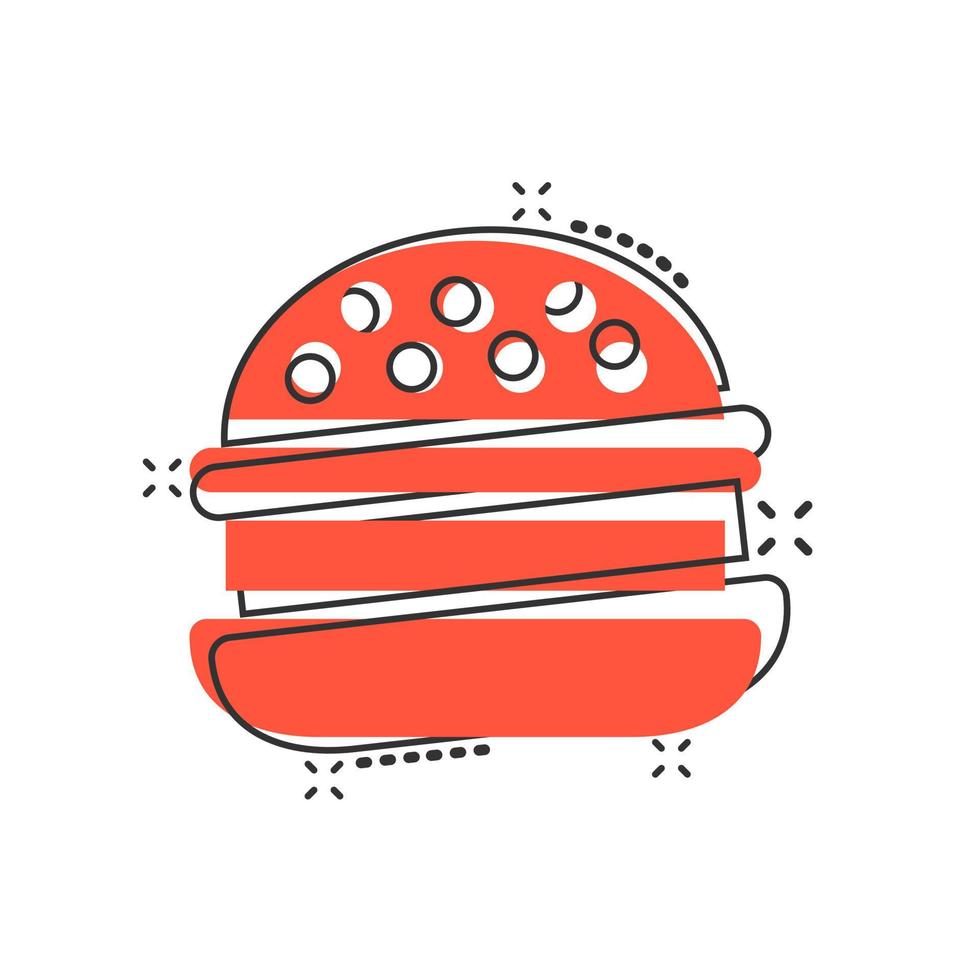 Burger sign icon in comic style. Hamburger vector cartoon illustration on white isolated background. Cheeseburger business concept splash effect.