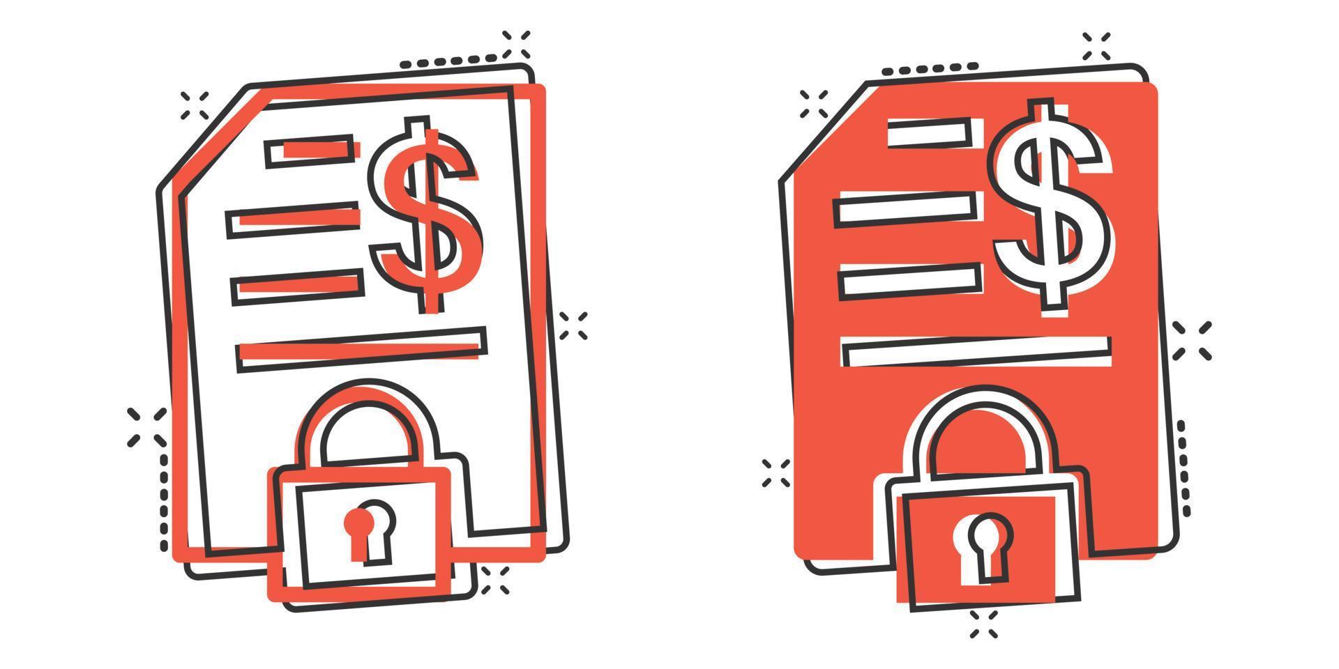 Financial statement icon in comic style. Document with lock cartoon vector illustration on white isolated background. Report splash effect business concept.