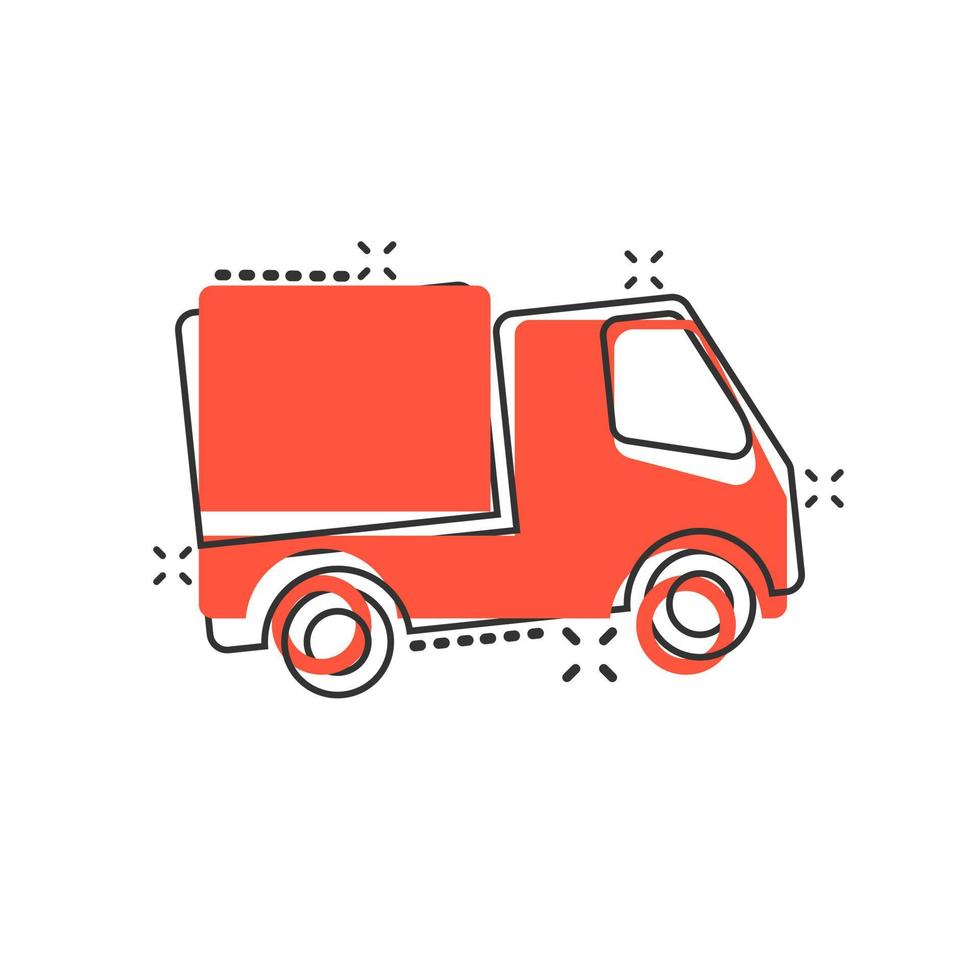 Delivery truck sign icon in comic style. Van vector cartoon illustration on white isolated background. Cargo car business concept splash effect.