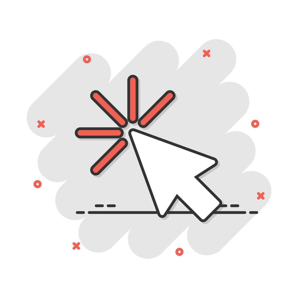 Computer mouse cursor icon in comic style. Arrow cursor vector cartoon illustration pictogram. Mouse aim business concept splash effect.