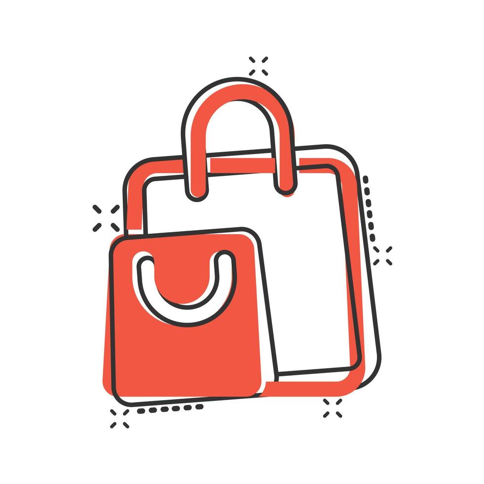 icono de bolsa de compras en estilo cómico. Ilustración de vector de signo de dibujos animados de bolso sobre fondo blanco aislado. concepto de negocio de efecto de salpicadura de paquete.