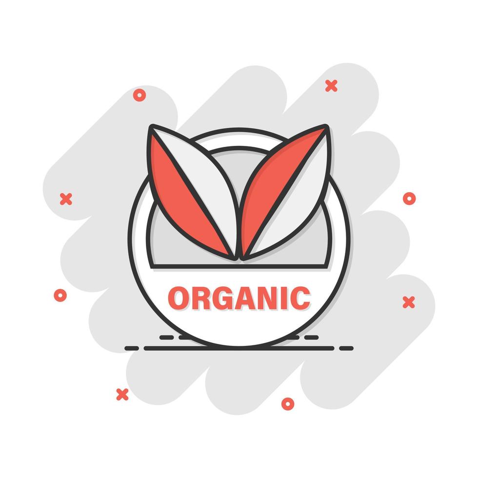 Vector cartoon vegan organic badge icon in comic style. Eco bio product stamp concept illustration pictogram. Eco natural food business splash effect concept.