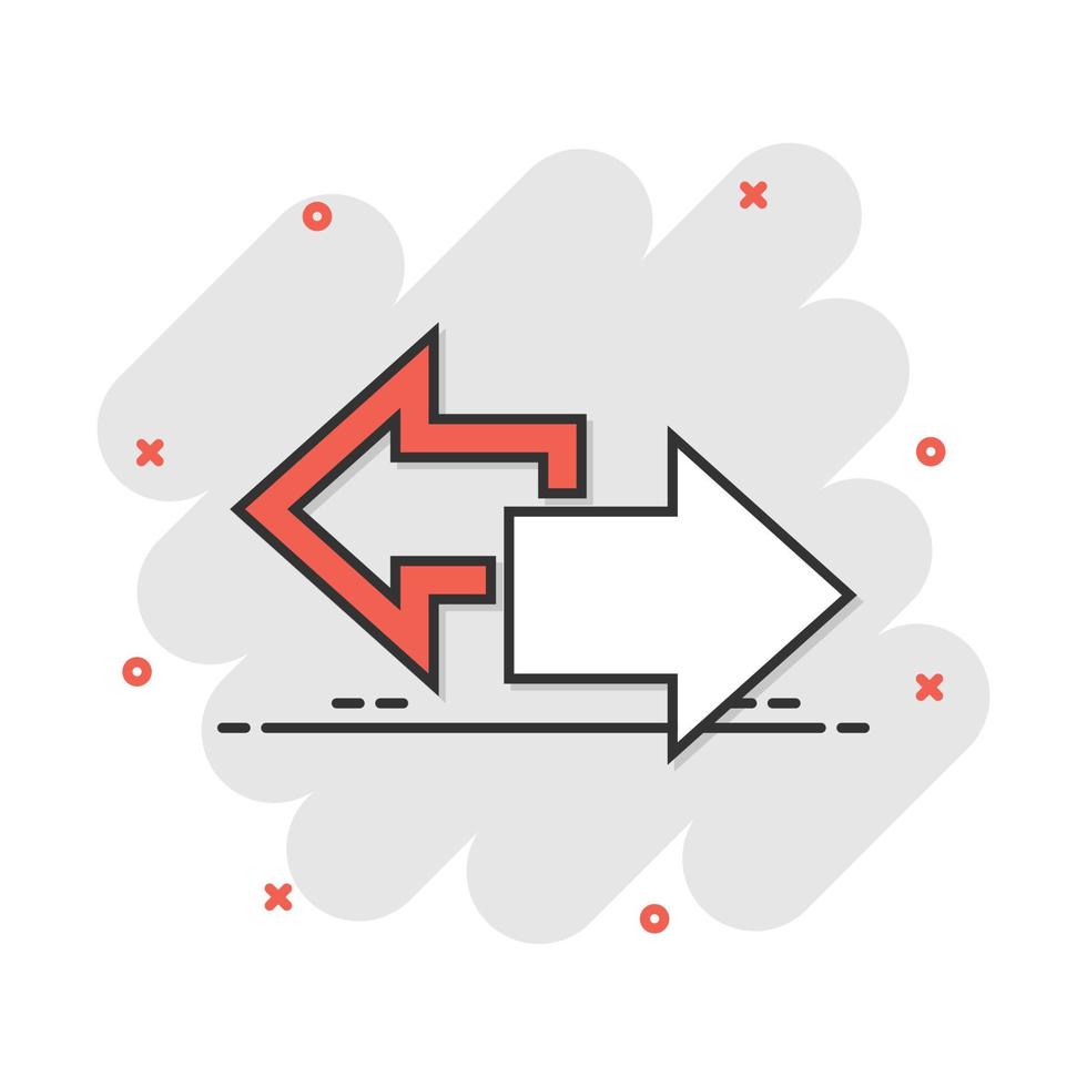 flecha de dibujos animados vectoriales icono izquierdo y derecho en estilo cómico. pictograma de ilustración de signo de flecha hacia adelante. concepto de efecto de salpicadura de negocio de cursor. vector