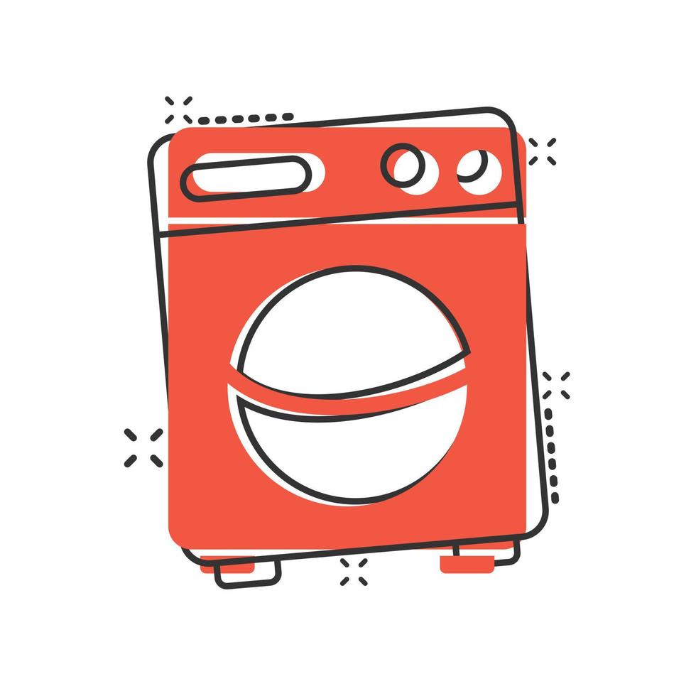 Washing machine icon in comic style. Washer cartoon vector illustration on white isolated background. Laundry splash effect business concept.