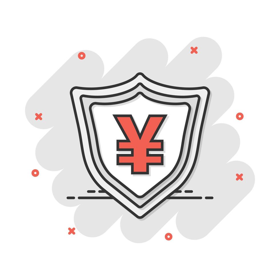 Vector cartoon yen, yuan shield money currency icon in comic style. Yen coin protection concept illustration pictogram. Asia money business splash effect concept.