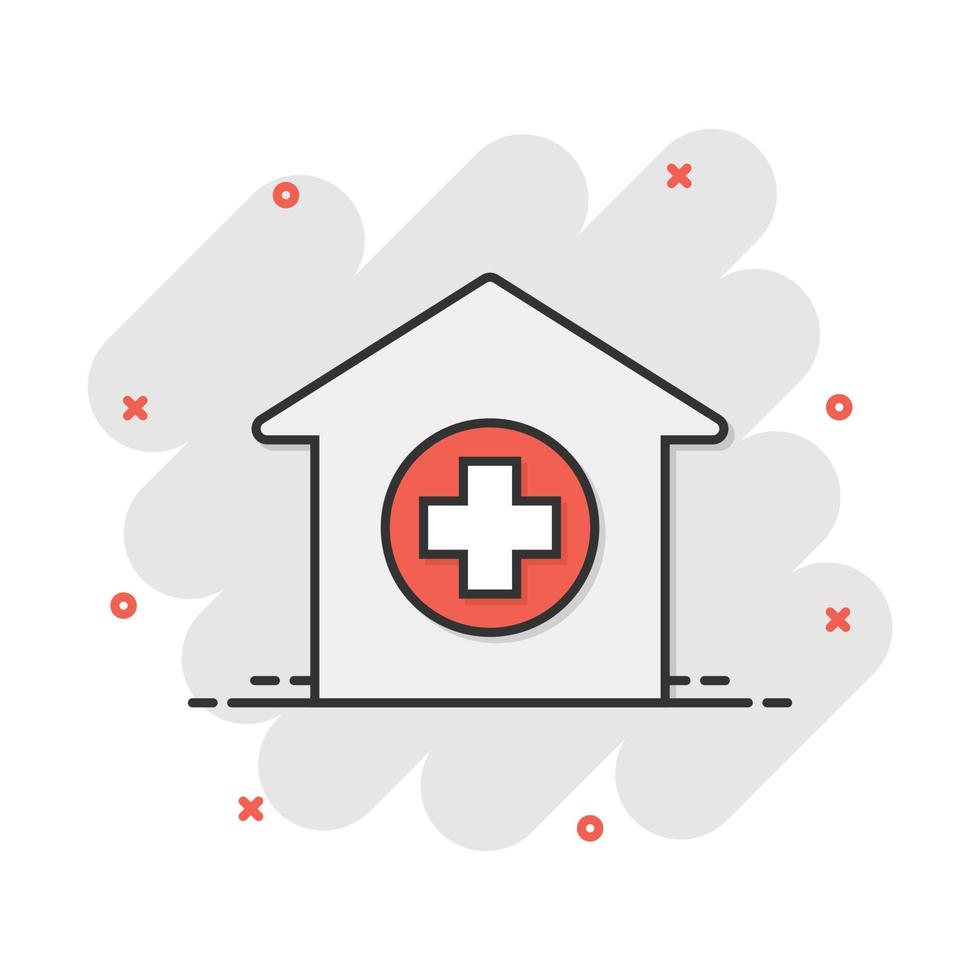 Vector cartoon hospital building icon in comic style. Infirmary medical clinic sign illustration pictogram. Health business splash effect concept.