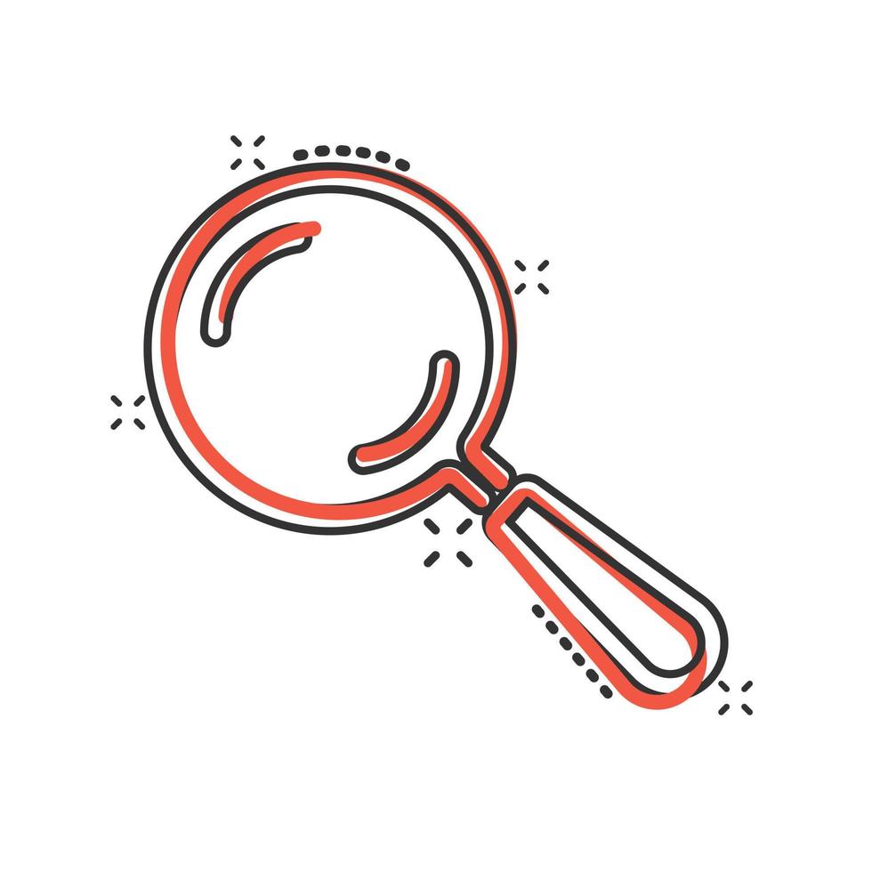 Loupe sign icon in comic style. Magnifier cartoon vector illustration on white isolated background. Search splash effect business concept.