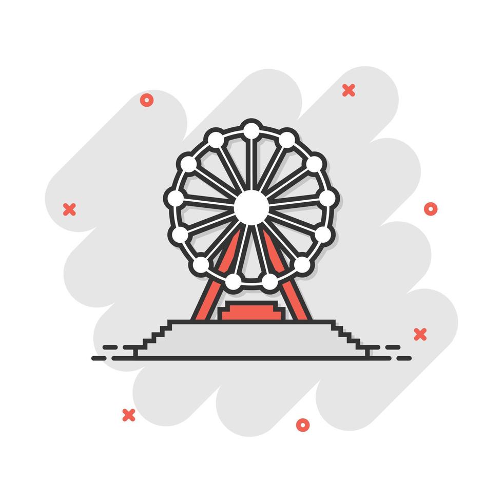 Vector cartoon ferris wheel icon in comic style. Carousel in park sign illustration pictogram. Amusement ride business splash effect concept.