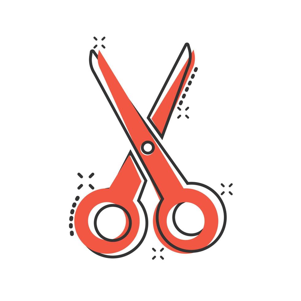 Scissor icon in comic style. Cut equipment cartoon vector illustration on white isolated background. Cutter splash effect business concept.