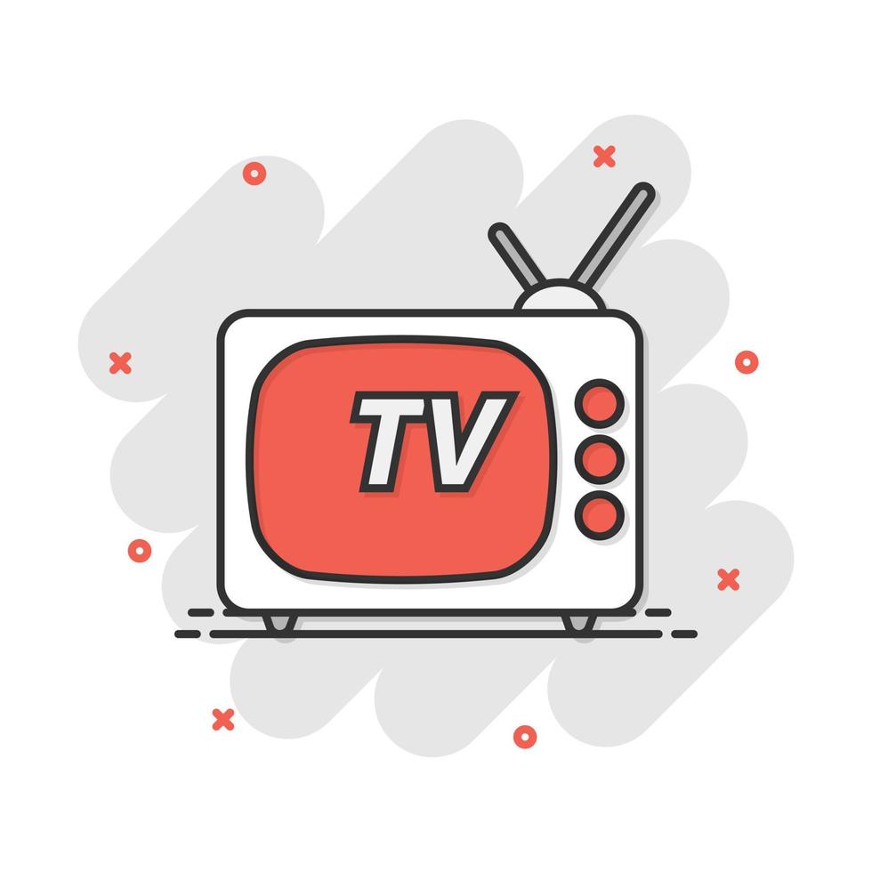 icono de tv de dibujos animados vectoriales en estilo cómico. pictograma de ilustración de señal de televisión. concepto de efecto de salpicadura de negocio de televisión. vector