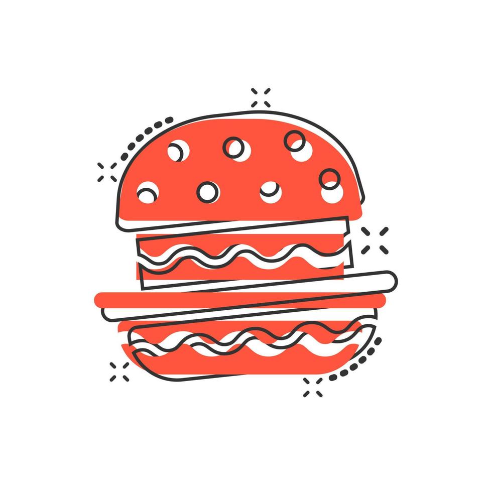 icono de signo de hamburguesa en estilo cómico. ilustración de dibujos animados de vector de hamburguesa sobre fondo blanco aislado. efecto de salpicadura de concepto de negocio de hamburguesa con queso.