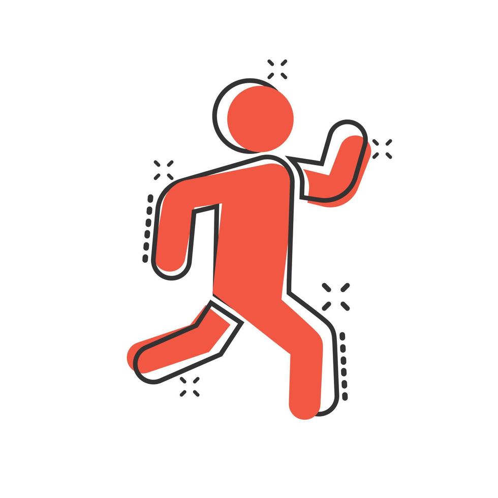 Run people icon in comic style. Jump cartoon vector illustration on white isolated background. Fitness splash effect business concept.