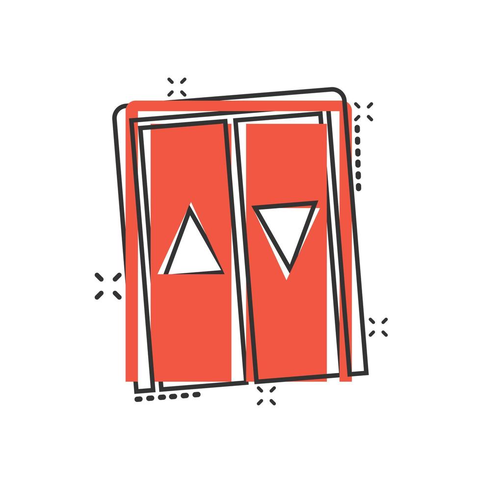 Elevator icon in comic style. Lift cartoon vector illustration on white isolated background. Passenger transportation splash effect business concept.