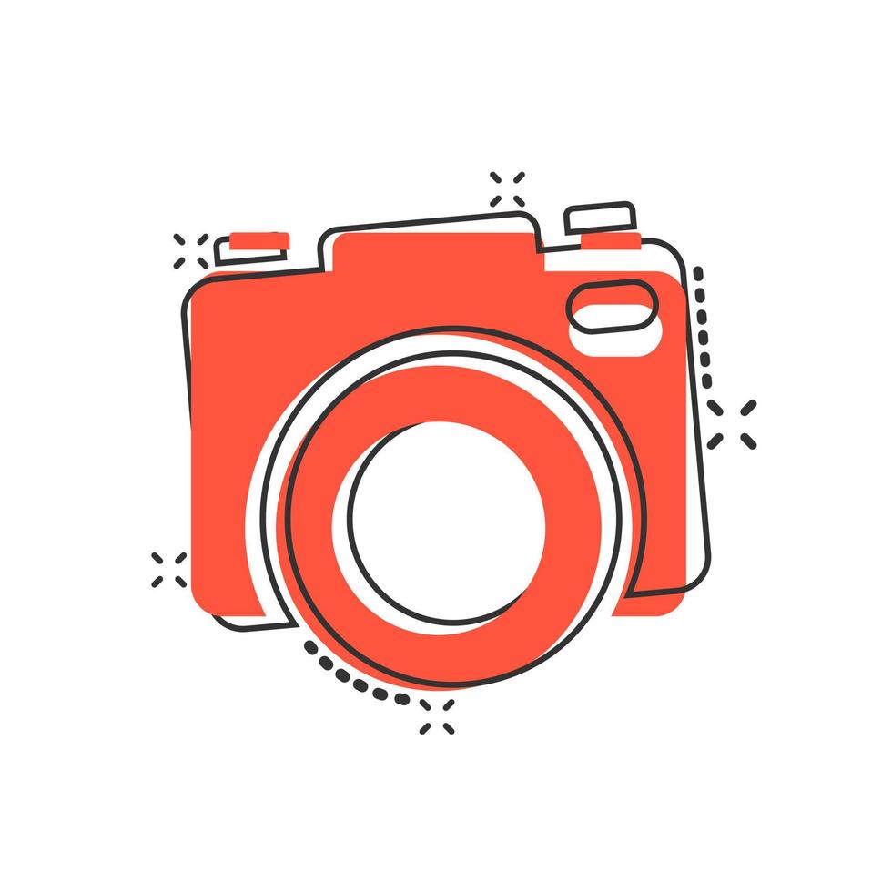 Camera device sign icon in comic style. Photography vector cartoon illustration on white isolated background. Cam equipment business concept splash effect.